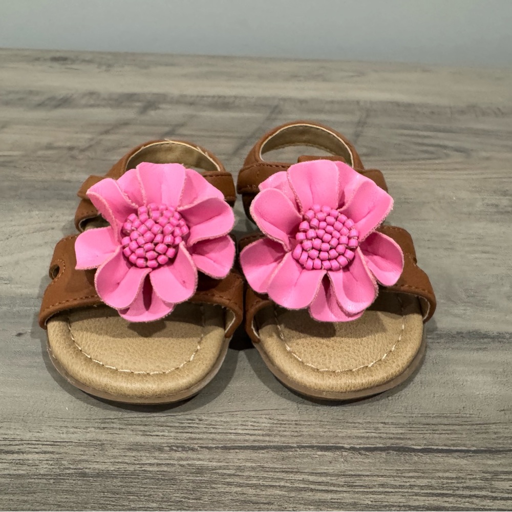 Baby Girl Sandals, Size 3, Brown with Pink Flower